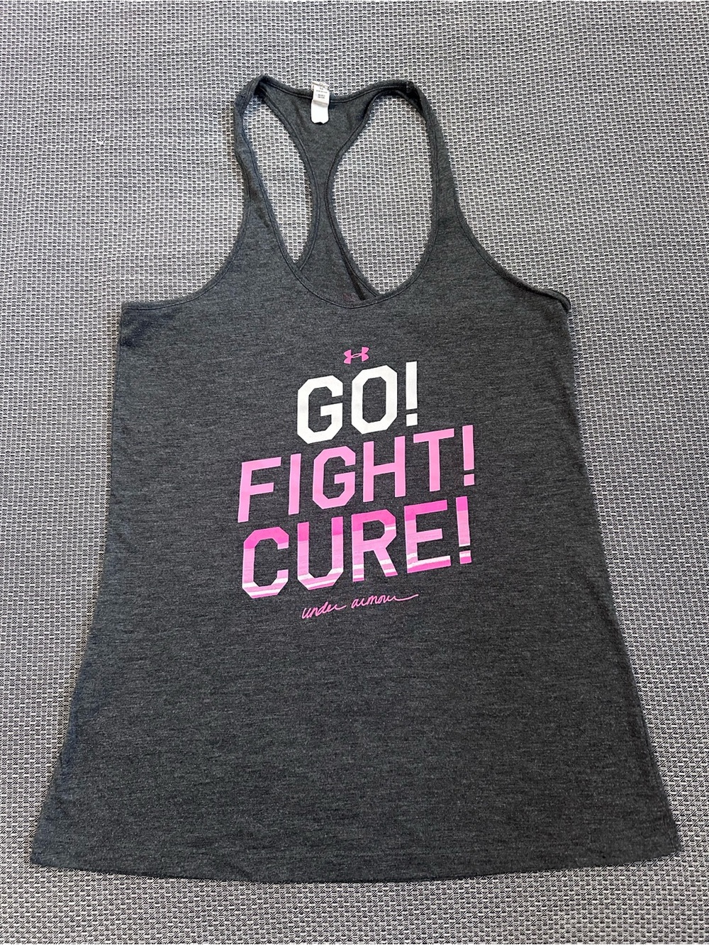 Under Armour Charcoal Racerback Tank with Pink Motivational Graphic